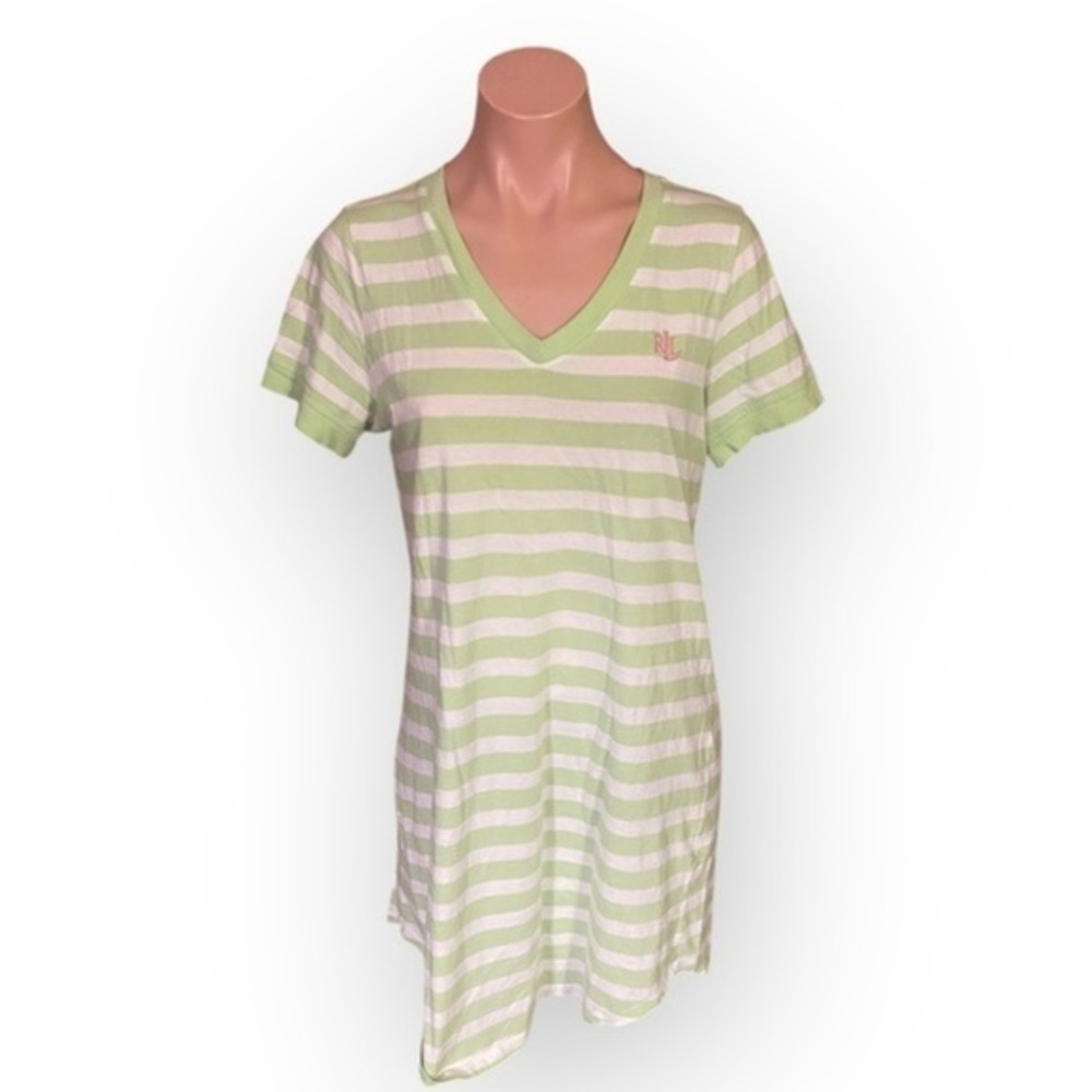 Lauren Ralph Lauren Green Striped V-Neck Women’s Medium T-Shirt Dress